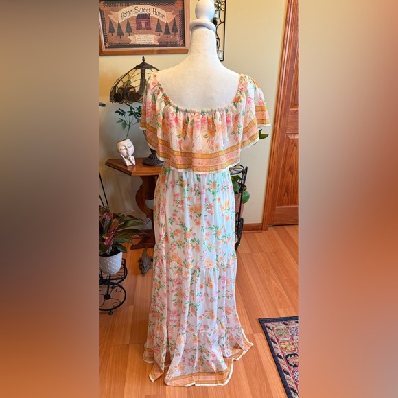 Pink Lily Maxi Ruffled Tiered Size Small Floral Cream Pink Women’s Belted Dress - Picture 2 of 15